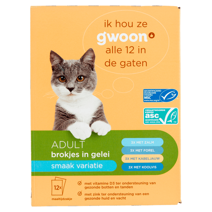 G'woon Kattenvoer brokjes in gelei vis variatie 12 stuks
