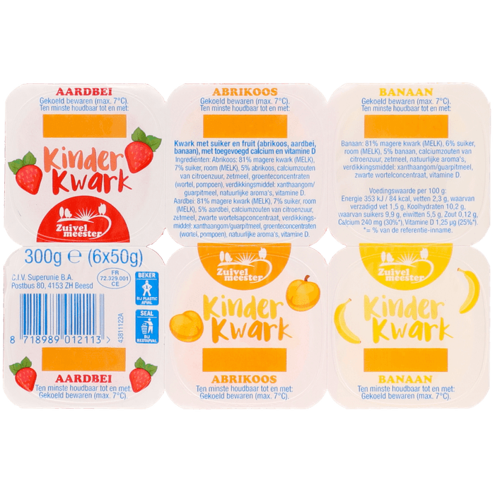 Zuivelmeester Kinderkwark aardbei-abrikoos-banaan 6 stuks