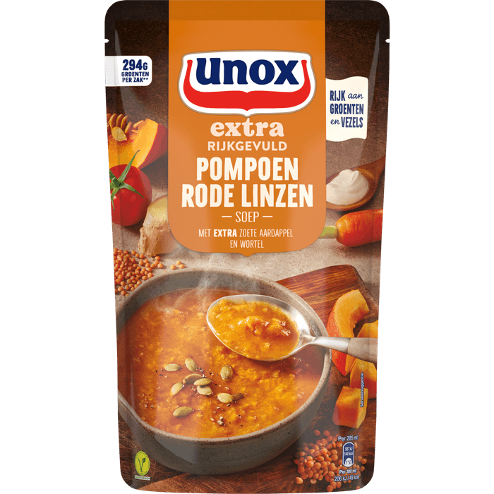 Unox Soep in zak pompoen met rode linzen