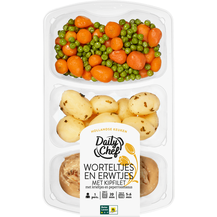 Daily Chef Worteltjes en erwtjes met kipfilet krieltjes en peperroomsaus