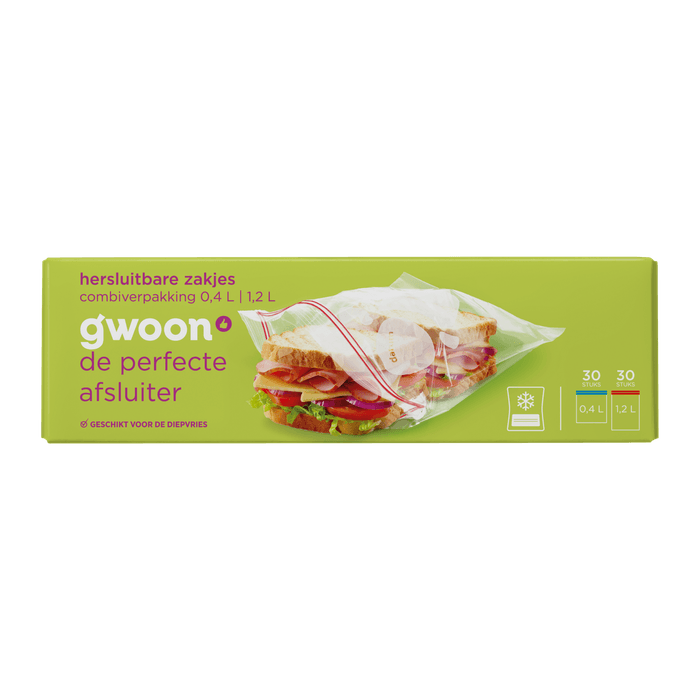 G'woon Hersluitbare zakjes 30x 0.4l en 30x 1.2lt