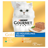 Gourmet Gold fijne mousse kip-zalm-niertjes-konijn 8 stuks