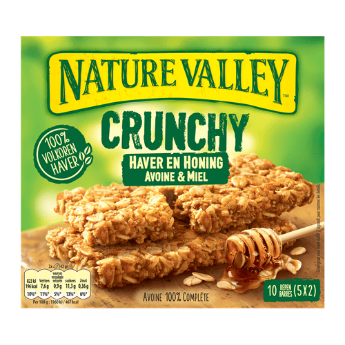 Foto van Nature Valley Crunchy haver en honing 5 stuks op witte achtergrond