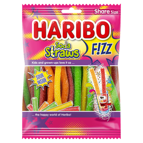 Foto van Haribo Soda straws op witte achtergrond