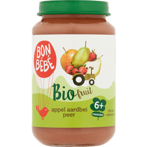 Foto van Bonbébé Fruithapje 6+ maanden appel-peer-aardbei op witte achtergrond