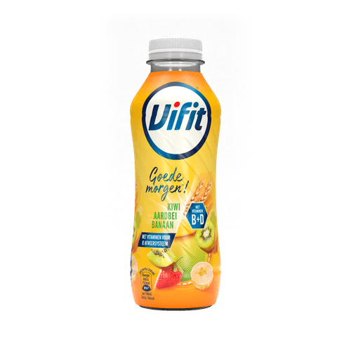 Foto van Vifit Goedemorgen aardbei kiwi banaan op witte achtergrond