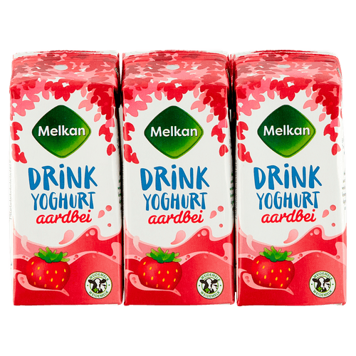 Foto van Melkan Drinkyoghurt aardbei op witte achtergrond