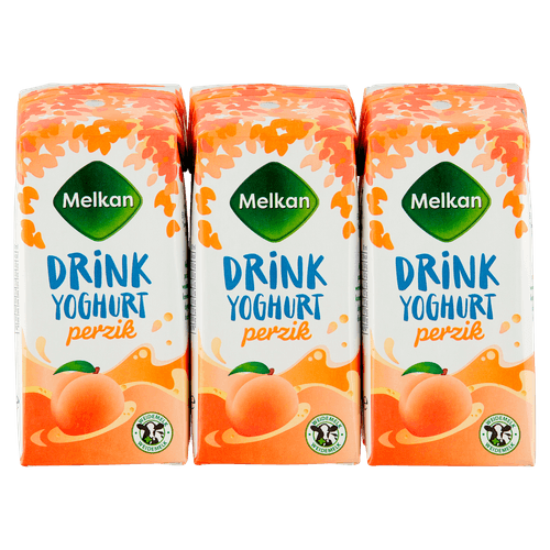 Foto van Melkan Drinkyoghurt perzik op witte achtergrond