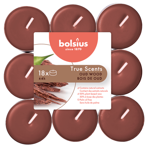 Foto van Bolsius True Scents geurtheelichten Oud Wood bruin op witte achtergrond