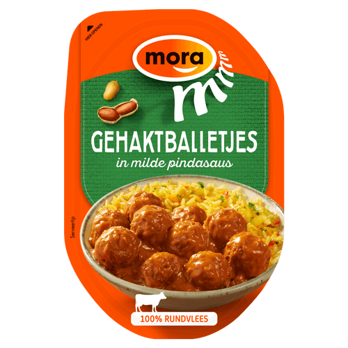 Foto van Mora Gehaktballetjes in milde pindasaus op witte achtergrond