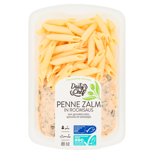 Foto van Daily Chef Penne gerookte zalm op witte achtergrond