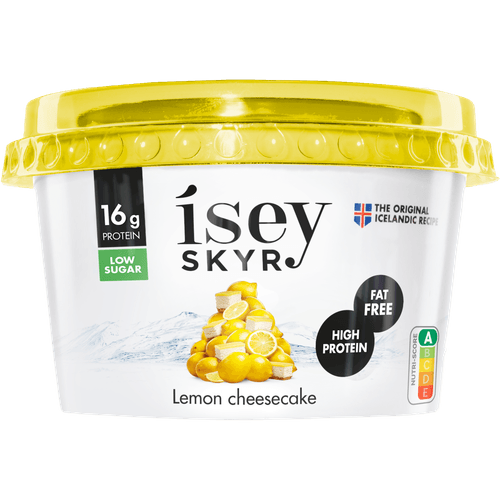 Foto van Isey skyr Lemon cheesecake op witte achtergrond