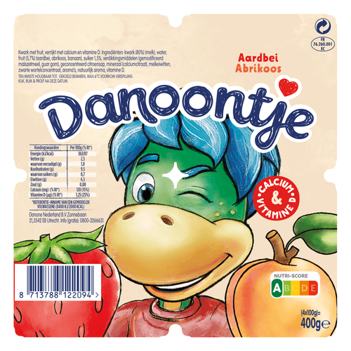 Foto van Danoontje Kinder Fruitkwark Toetjes Aardbei Abrikoos op witte achtergrond