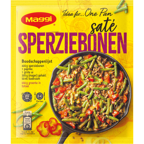 Foto van Maggi Dagschotel sperziebonen saté op witte achtergrond