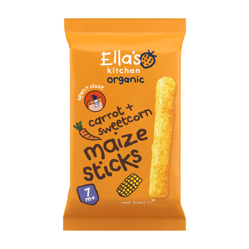 Foto van Ella's Kitchen Carrot sweetcorn maize sticks 7 mnd op witte achtergrond