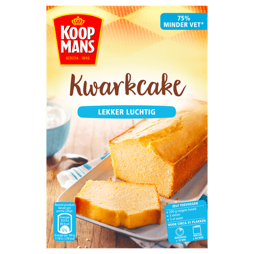 Foto van Koopmans Kwarkcake mix op witte achtergrond