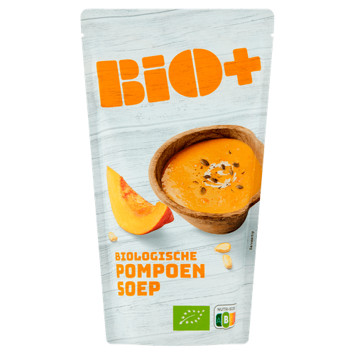 Foto van Bio+ Soep in zak pompoen op witte achtergrond