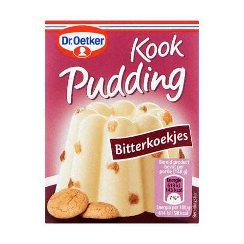 Foto van Dr. Oetker Kookpudding bitterkoekjes op witte achtergrond