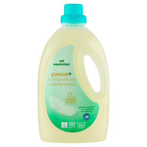 Foto van G'woon Vloeibaar wasmiddel wit ecologisch 30 wasbeurten op witte achtergrond