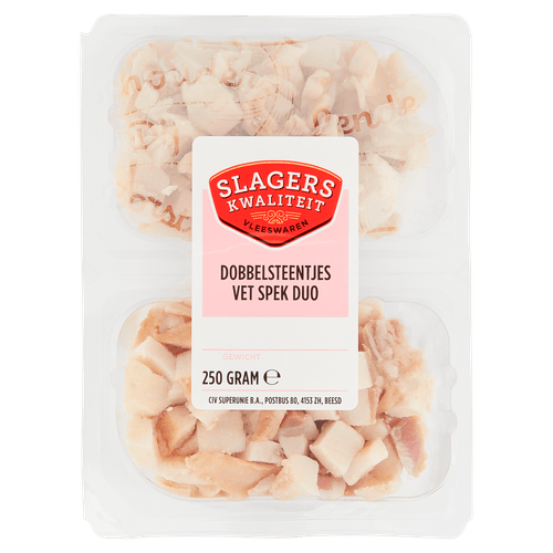 Foto van Slagerskwaliteit Dobbelsteentjes vetspek op witte achtergrond