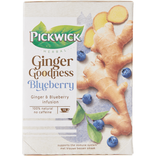 Foto van Pickwick Thee ginger goodness blueberry 15 zakjes op witte achtergrond