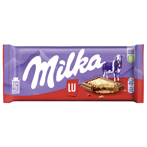 Foto van Milka Chocolade biscuit tablet lu op witte achtergrond