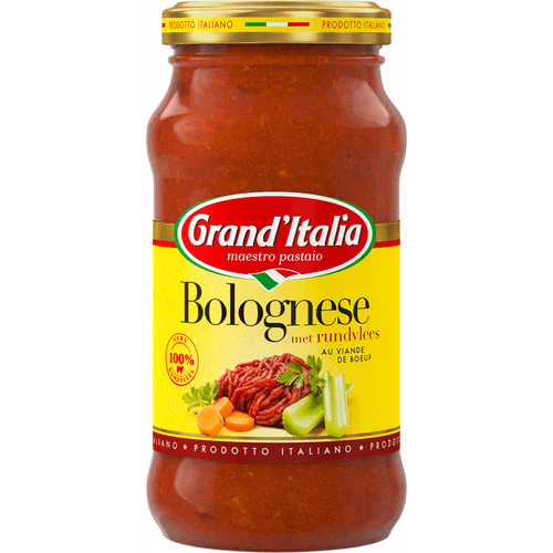 Foto van Grand'Italia Pastasaus bolognese op witte achtergrond