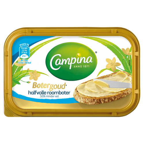 Foto van Campina Botergoud 50% minder vet op witte achtergrond