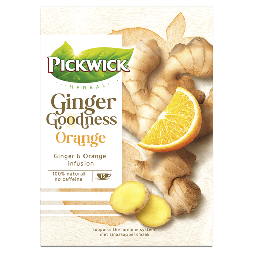 Foto van Pickwick Thee ginger goodness orange 15 zk. op witte achtergrond