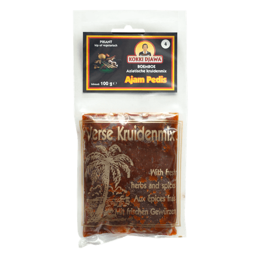 Foto van Kokki Djawa Boemboe ajam pedis op witte achtergrond