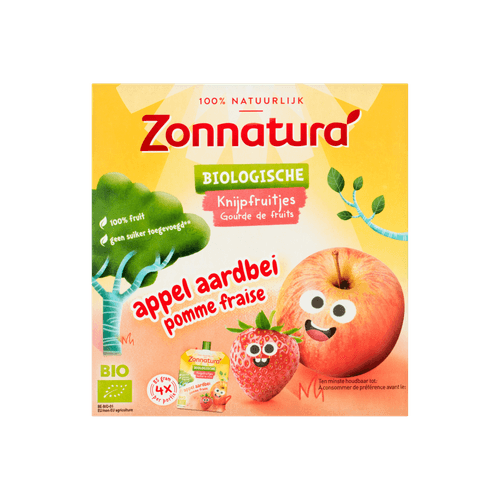 Foto van Zonnatura Knijpfruit appel aardbei 4 st. op witte achtergrond