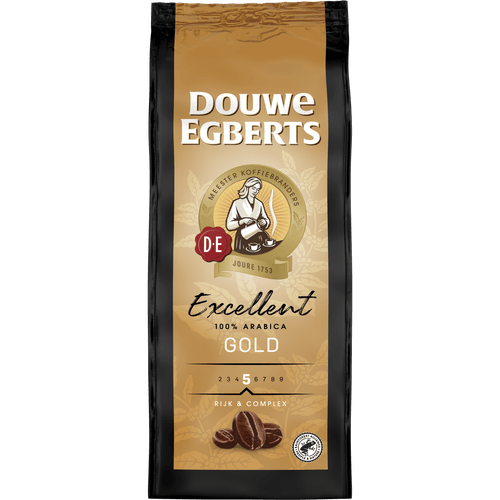Foto van Douwe Egberts Koffiebonen goud op witte achtergrond