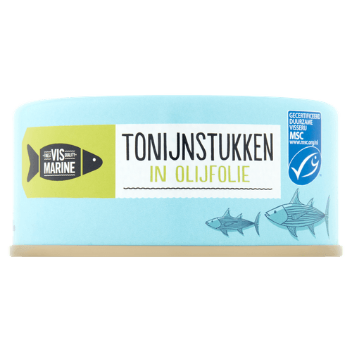 Foto van Vis Marine Tonijnstukken in olijfolie op witte achtergrond