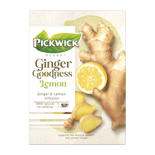 Foto van Pickwick Thee ginger goodness lemon 15 zk op witte achtergrond