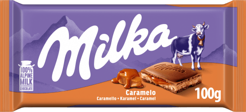 Foto van Milka Chocoladereep caramel op witte achtergrond