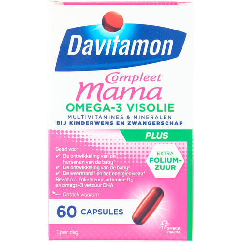 Foto van Davitamon Mama compleet visolie capsules multivitaminen & mineralen op witte achtergrond