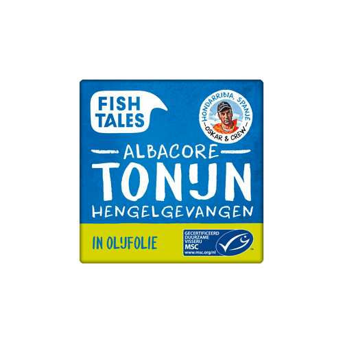 Foto van Fish Tales Albacore tonijn in olijfolie op witte achtergrond