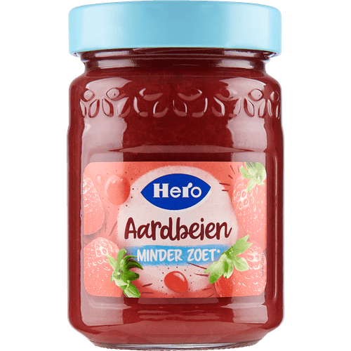 Foto van Hero Jam 40% minder zoet aardbei op witte achtergrond