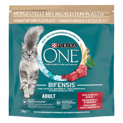 Foto van Purina One Kattenvoer adult rund & volkoren granen op witte achtergrond