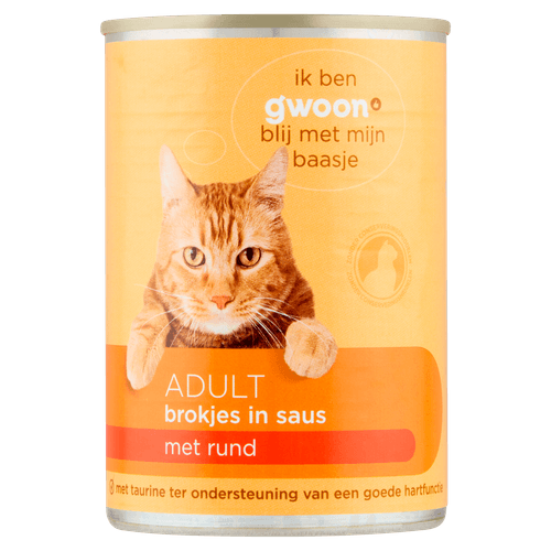 Foto van G'woon Kattenvoer adult rundvlees in saus op witte achtergrond