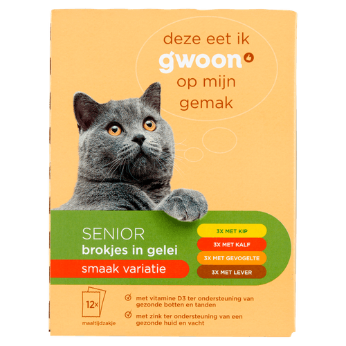 Foto van G'woon Kattenvoer maaltijdzakjes senior 7+ vlees variatie op witte achtergrond