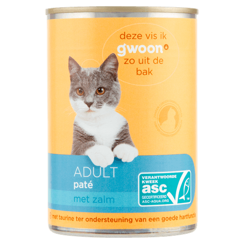 Foto van G'woon Kattenvoer adult pate zalm op witte achtergrond