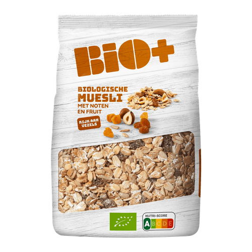 Foto van Bio+ Muesli noten en fruit op witte achtergrond