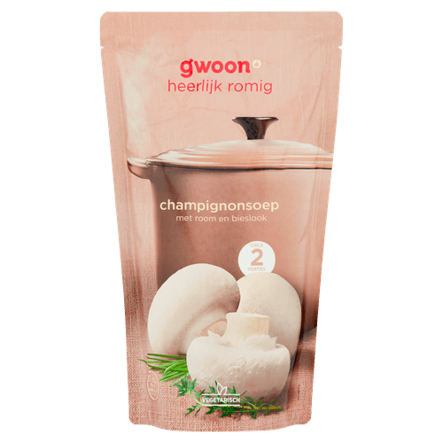 Foto van G'woon Soep in zak champignon op witte achtergrond