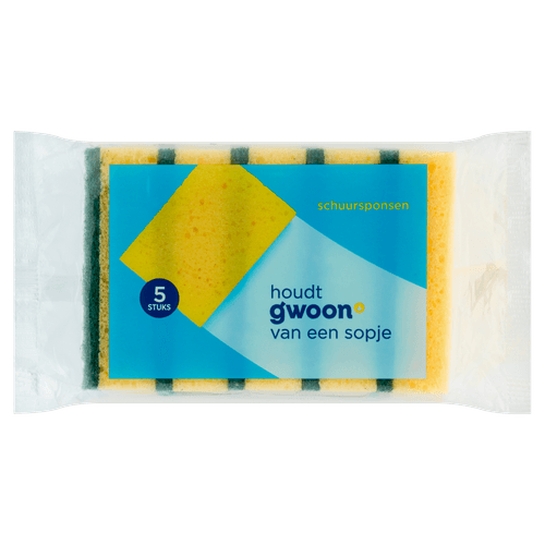 Foto van G'woon Schuursponsen geel op witte achtergrond