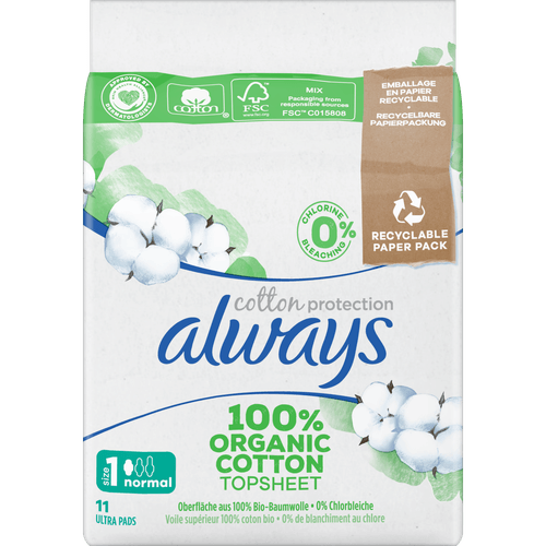 Foto van Always Maandverband cotton protect normal plus op witte achtergrond