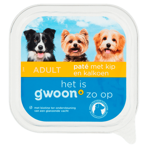 Foto van G'woon Hondenvoer alu pate kip & kalkoen op witte achtergrond