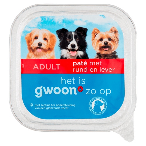 Foto van G'woon Hondenvoer alu pate rund & lever op witte achtergrond