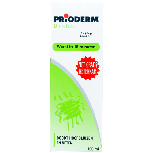 Foto van Prioderm Dimeticon lotion luizen-neten op witte achtergrond