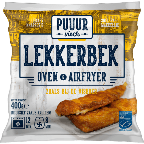 Foto van Puuur visch Lekkerbek oven & airfryer op witte achtergrond